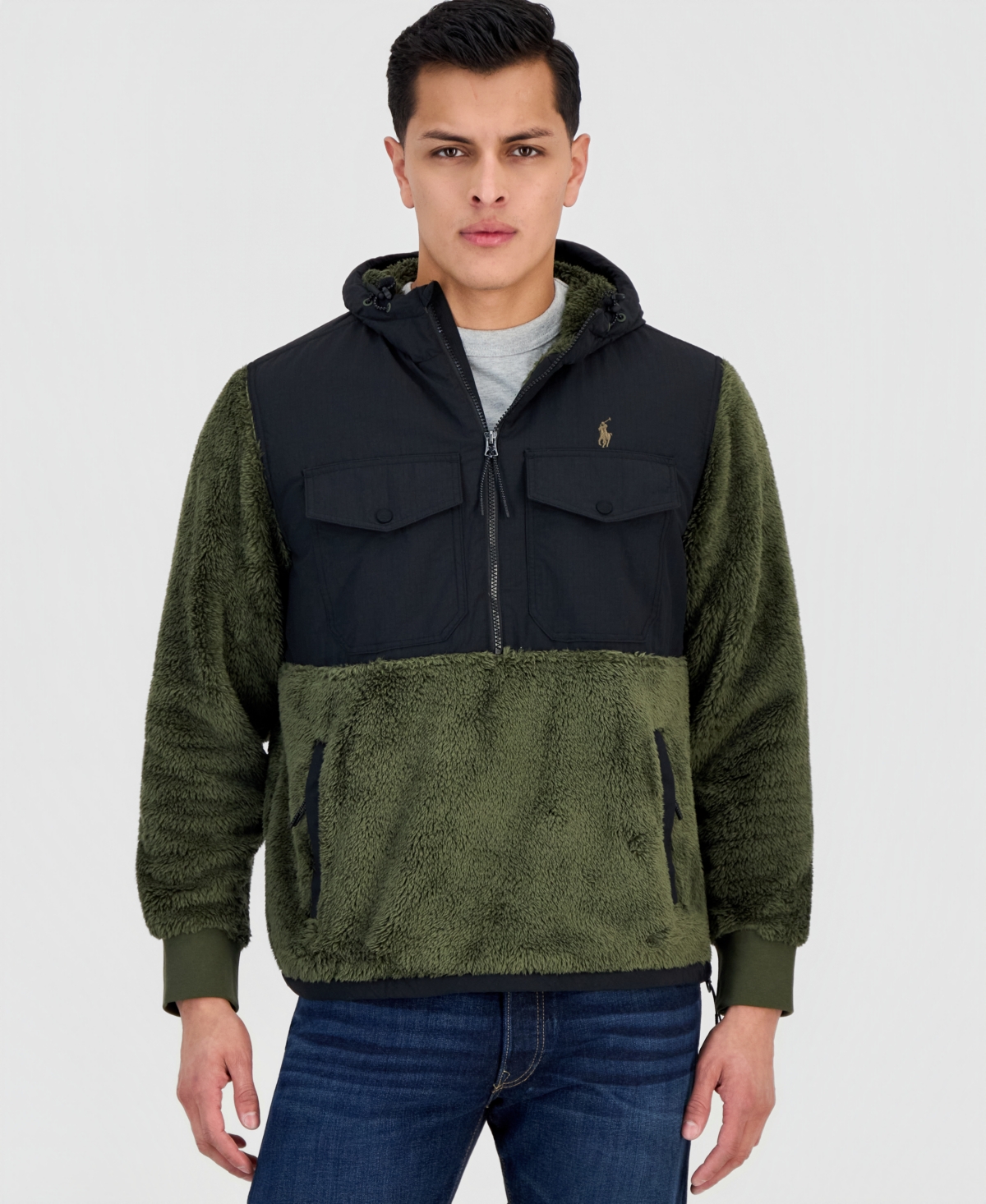 Men's Hybrid Hooded Half-Zip Jacket - Company Olive/Polo Black