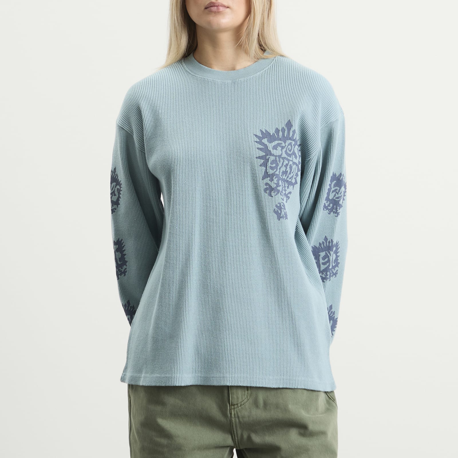 Women's Y.E.S Stamp Waffle Long Sleeve Light Blue
