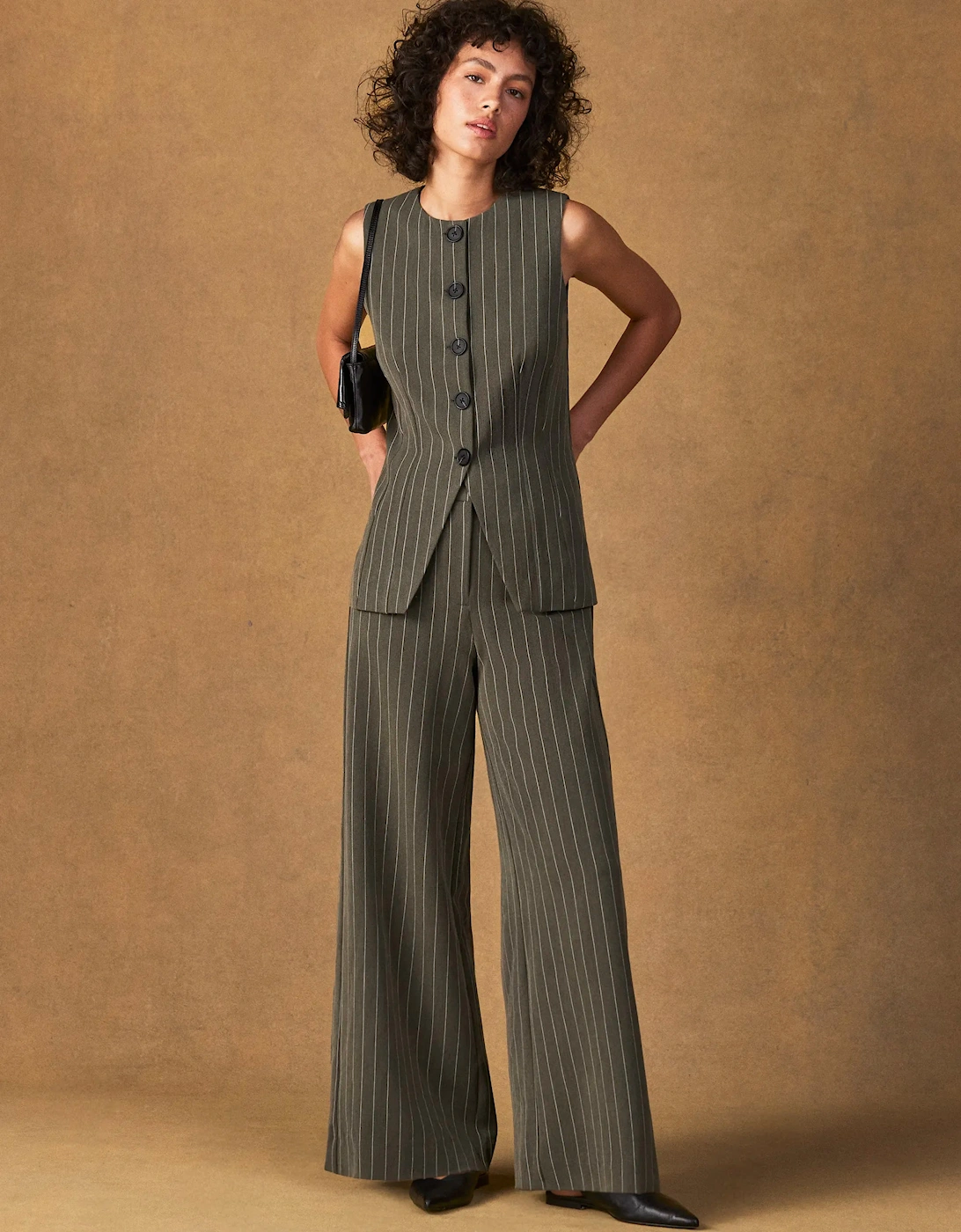 RO&ZO Women's Petite Olive Pinstripe Tailored Trouser - Green