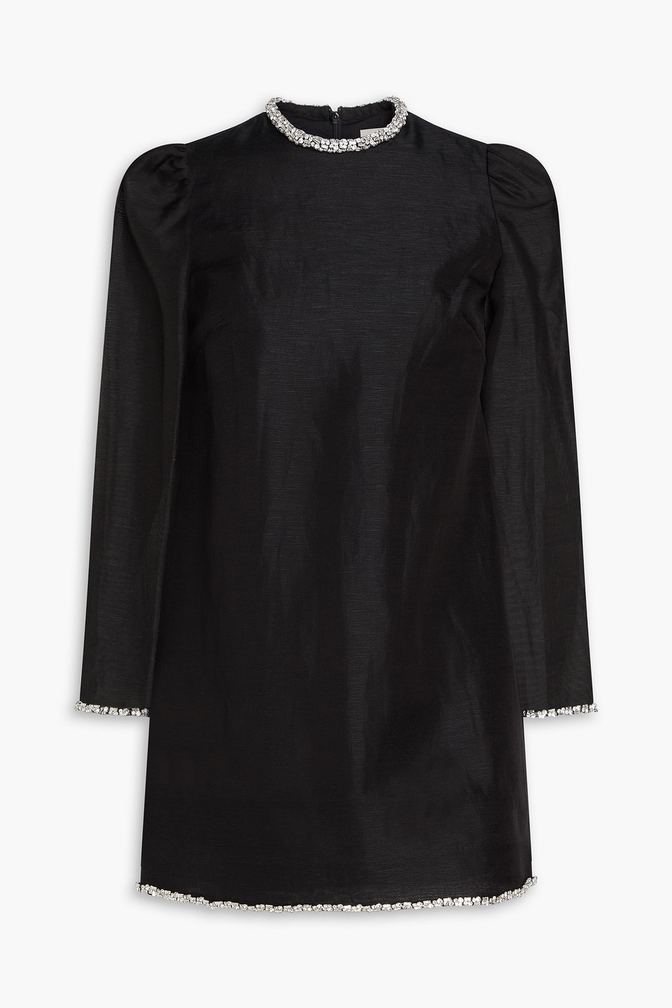 Crystal-embellished organza-paneled linen and silk-blend mini dress - Black - 00