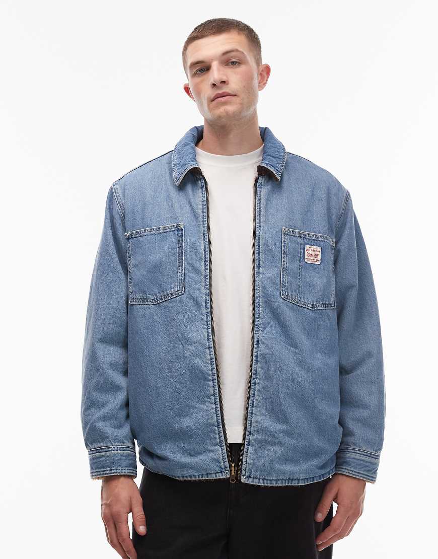Workwear Capsule reversible check borg and denim shacket in light wash-Blue