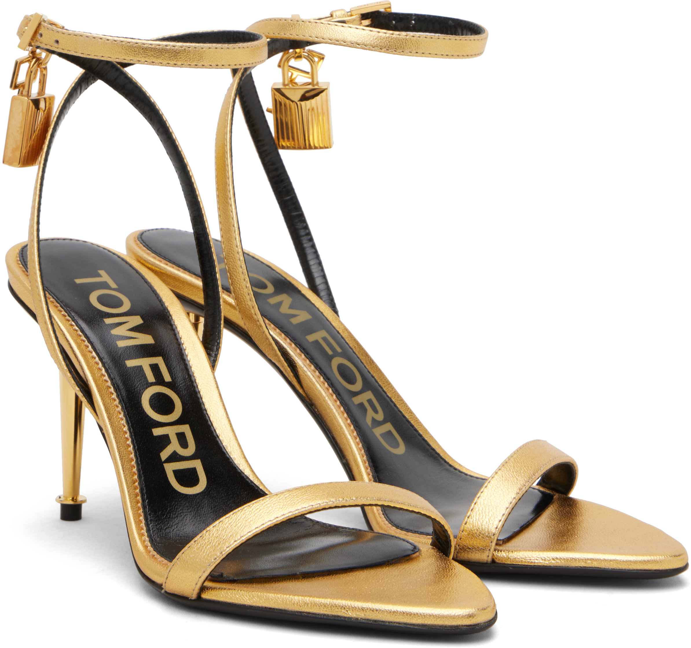 Gold Nappa Padlock Pointy Naked Heeled Sandals