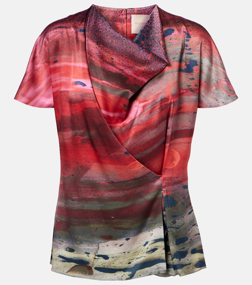 Printed draped silk satin top