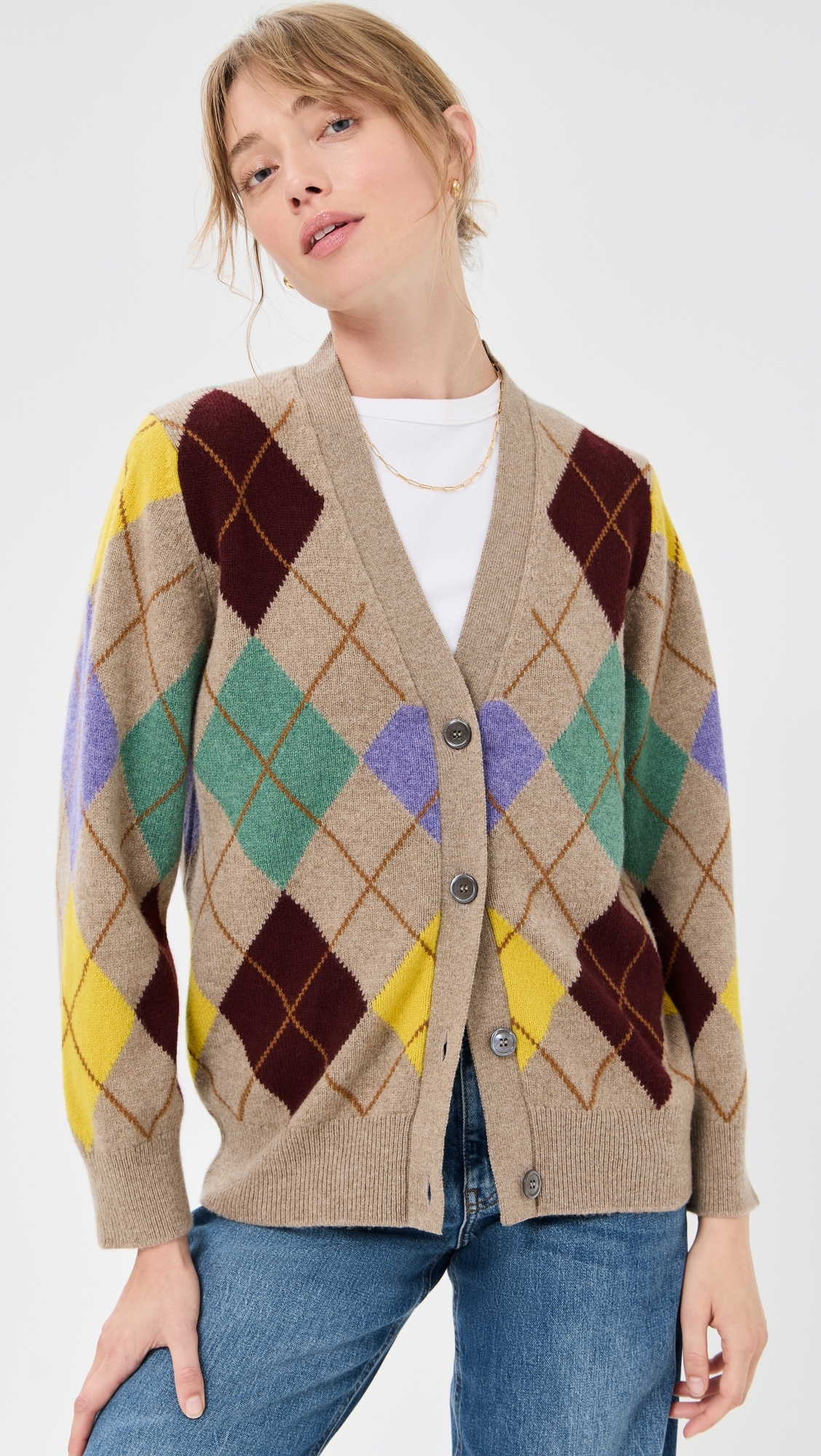 &Argyle Grandad Lambswool Cardigan Dark Natural With Yellow