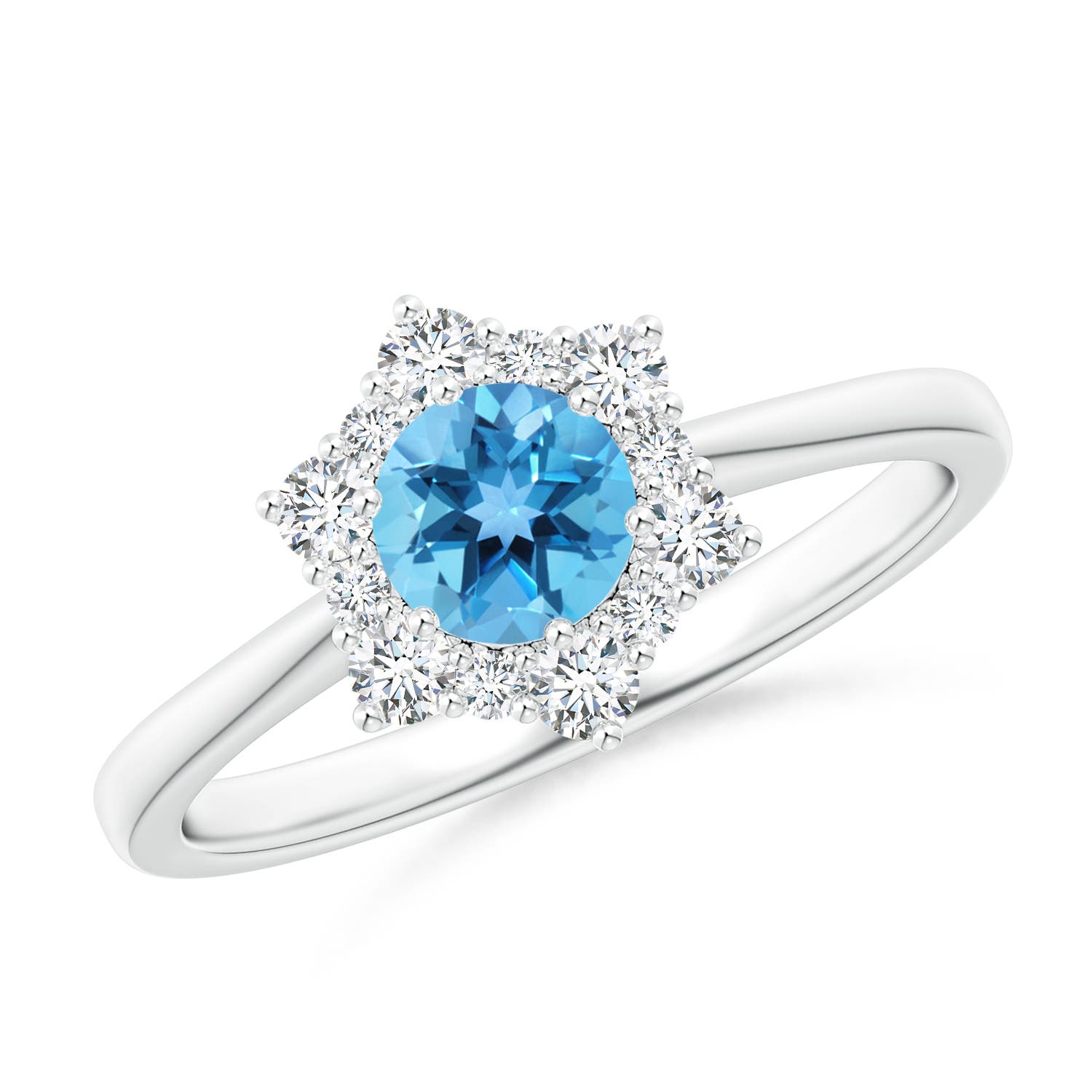 Angara 0.6 Carat Swiss Blue Topaz and Diamond Floral Halo Engagement Ring in Platinum