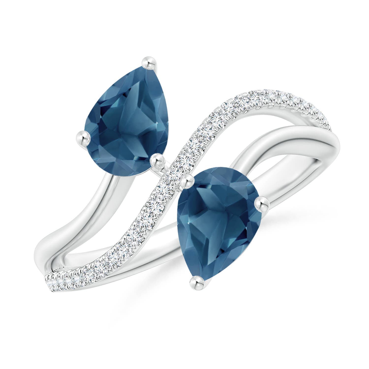 Angara 1.6 Carats Pear-Shaped London Blue Topaz Two-Stone Bypass Ring in Platinum