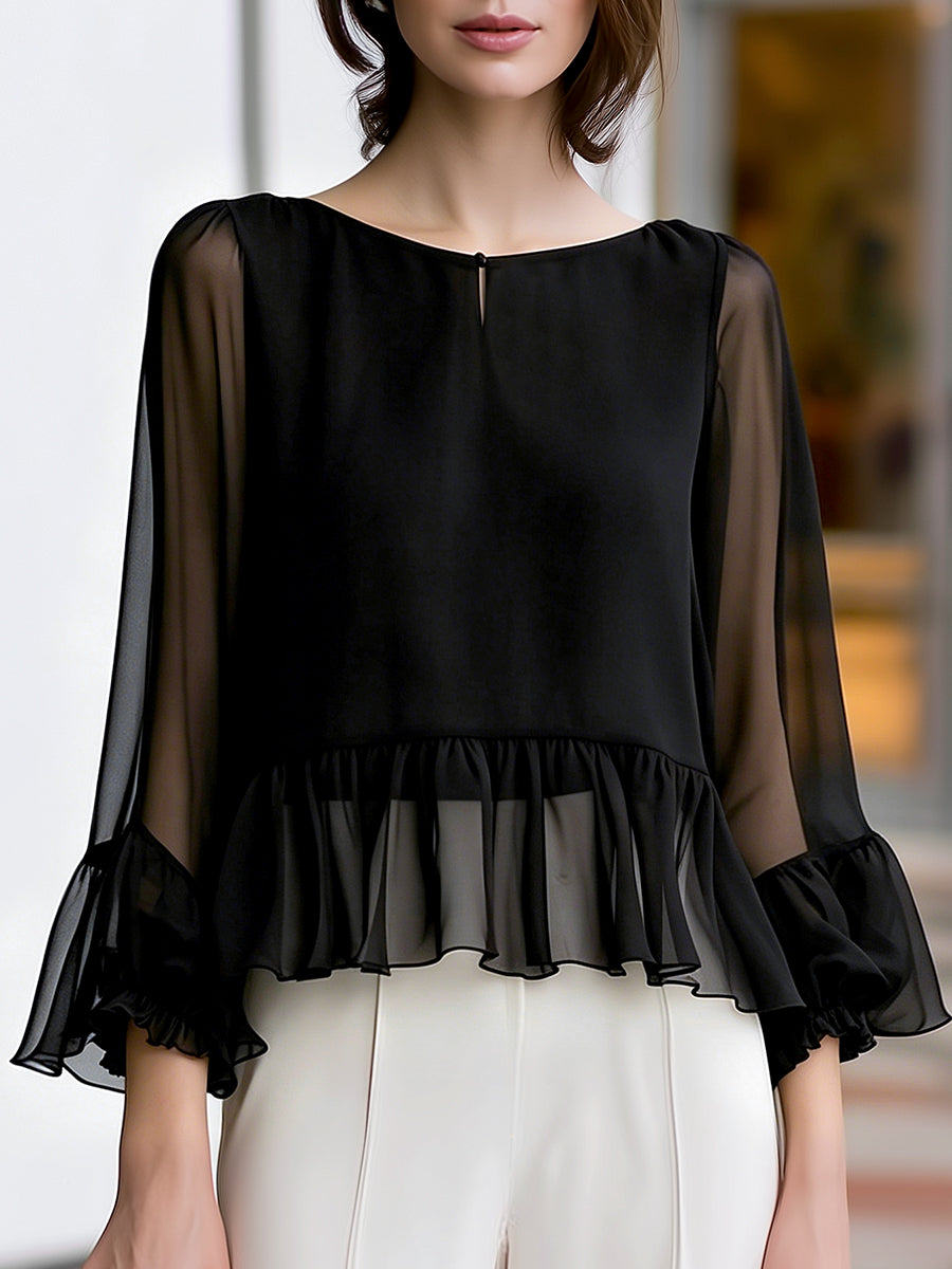 Boat Neckline Chiffon Peplum Ruffle Blouse - Black