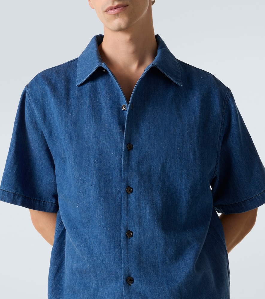 Embroidered oversized cotton-blend denim bowling shirt