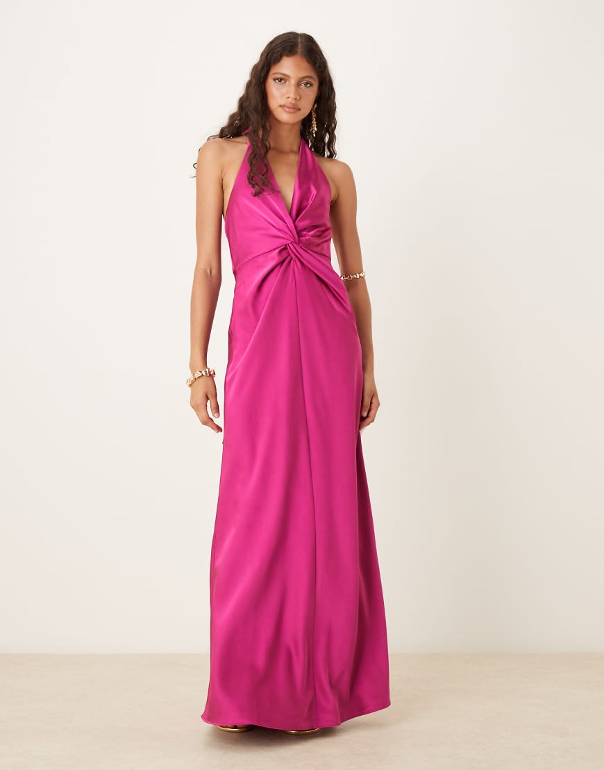 Twist front satin maxi dress in fuchsia-Pink