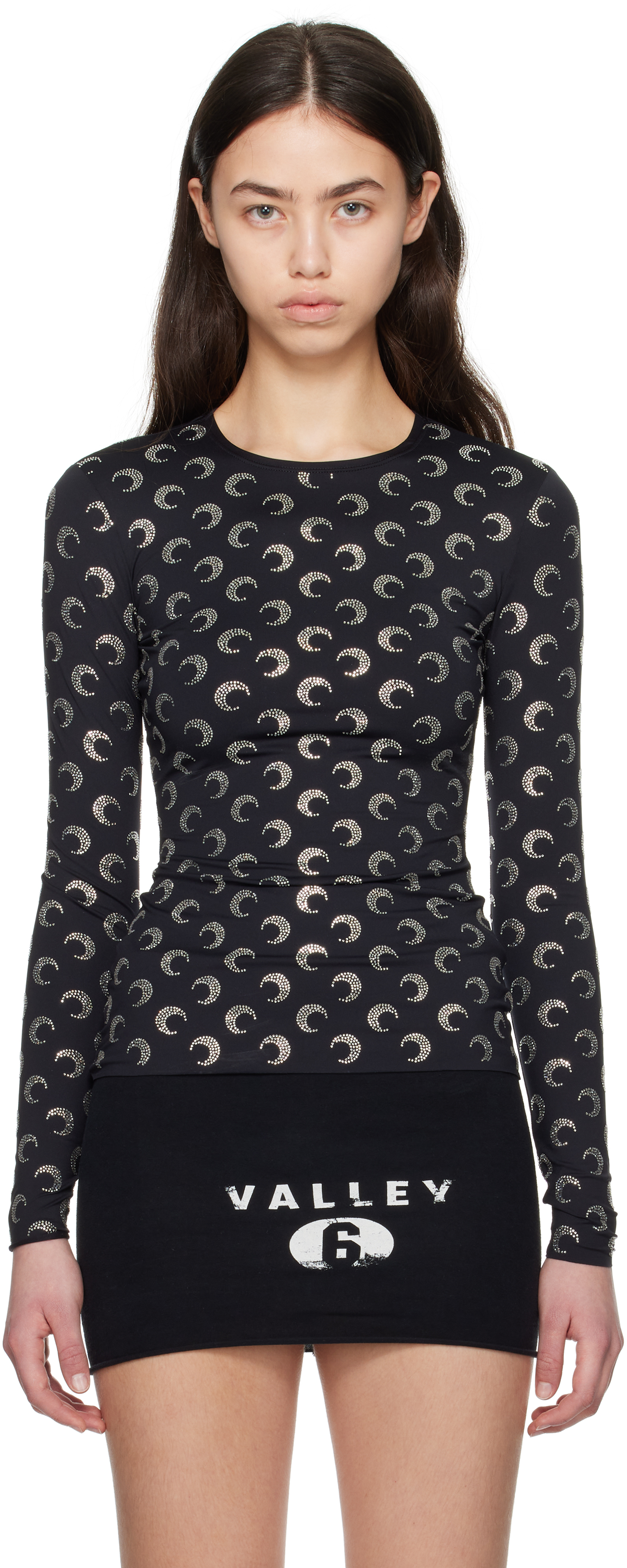 Marine Serre Black Recycled Moon Strass Jersey Second Skin Crewneck T-shirt