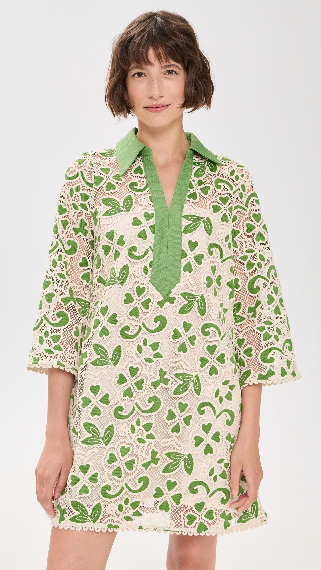 Embroidered Collar Mini Dress Green/Natural