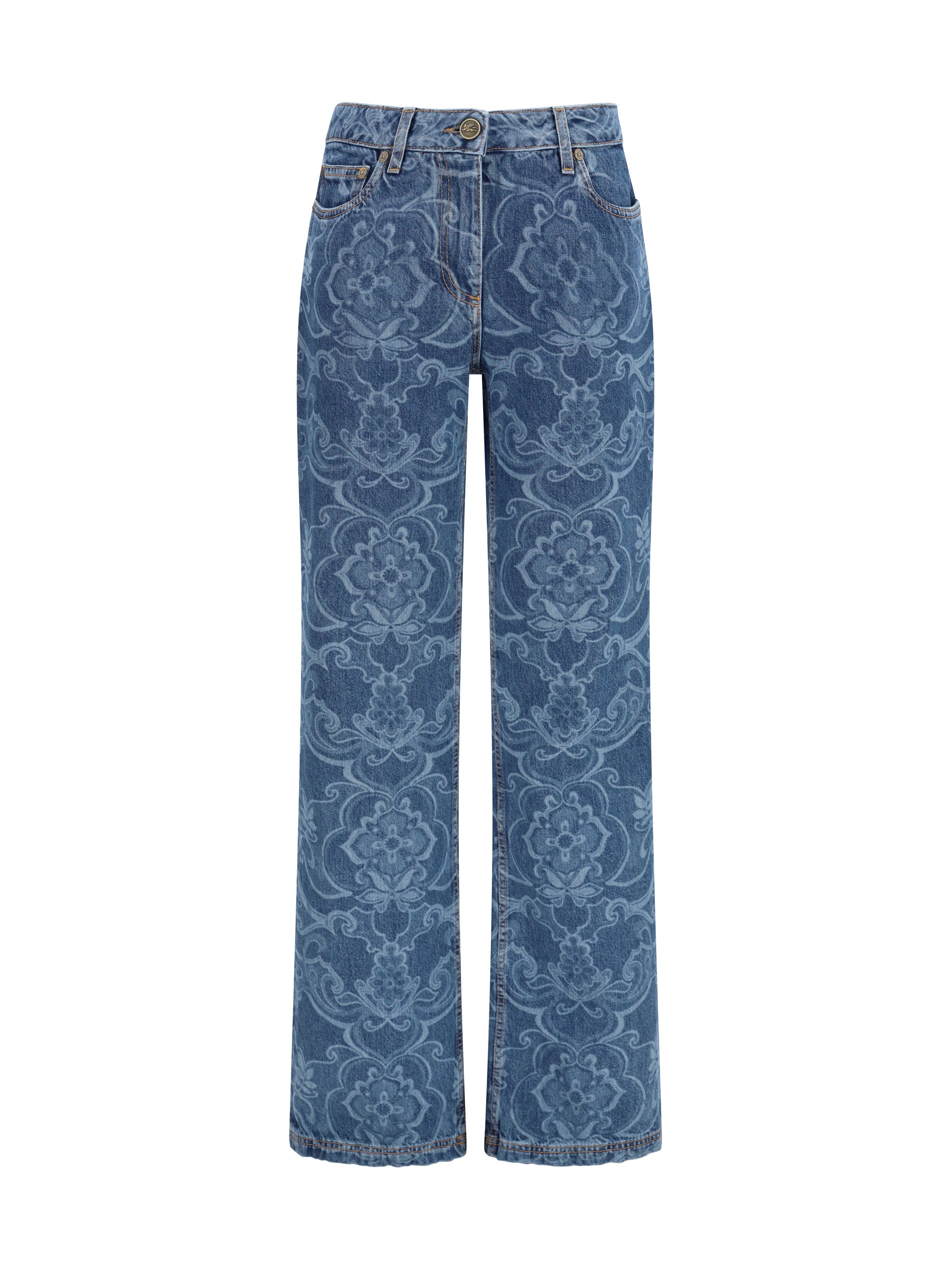 Ornamental Jacquard Denim Jeans — Blue