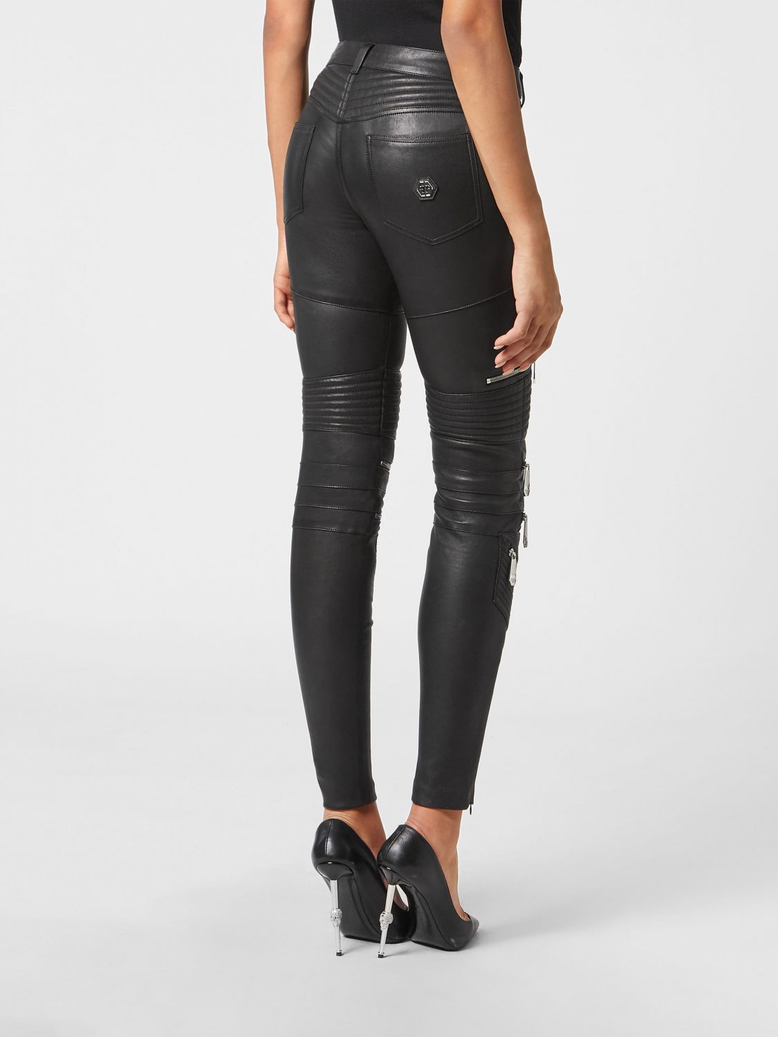 Lambskin skinny-fit zipped trousers - Black