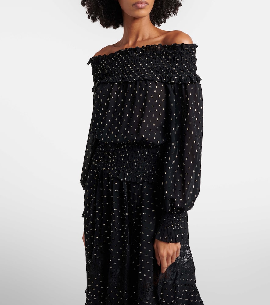 Shirred metallic-effect off-shoulder top