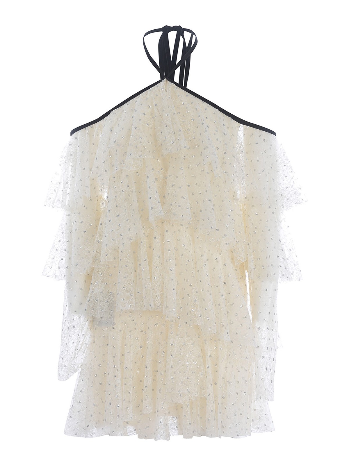 Flounced dress with silver polka dots