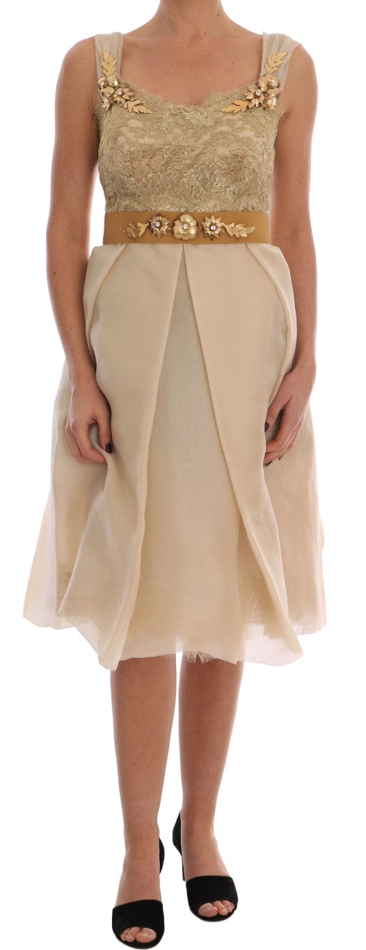 Brass and Crystal-Embellished Lace Dress — Beige