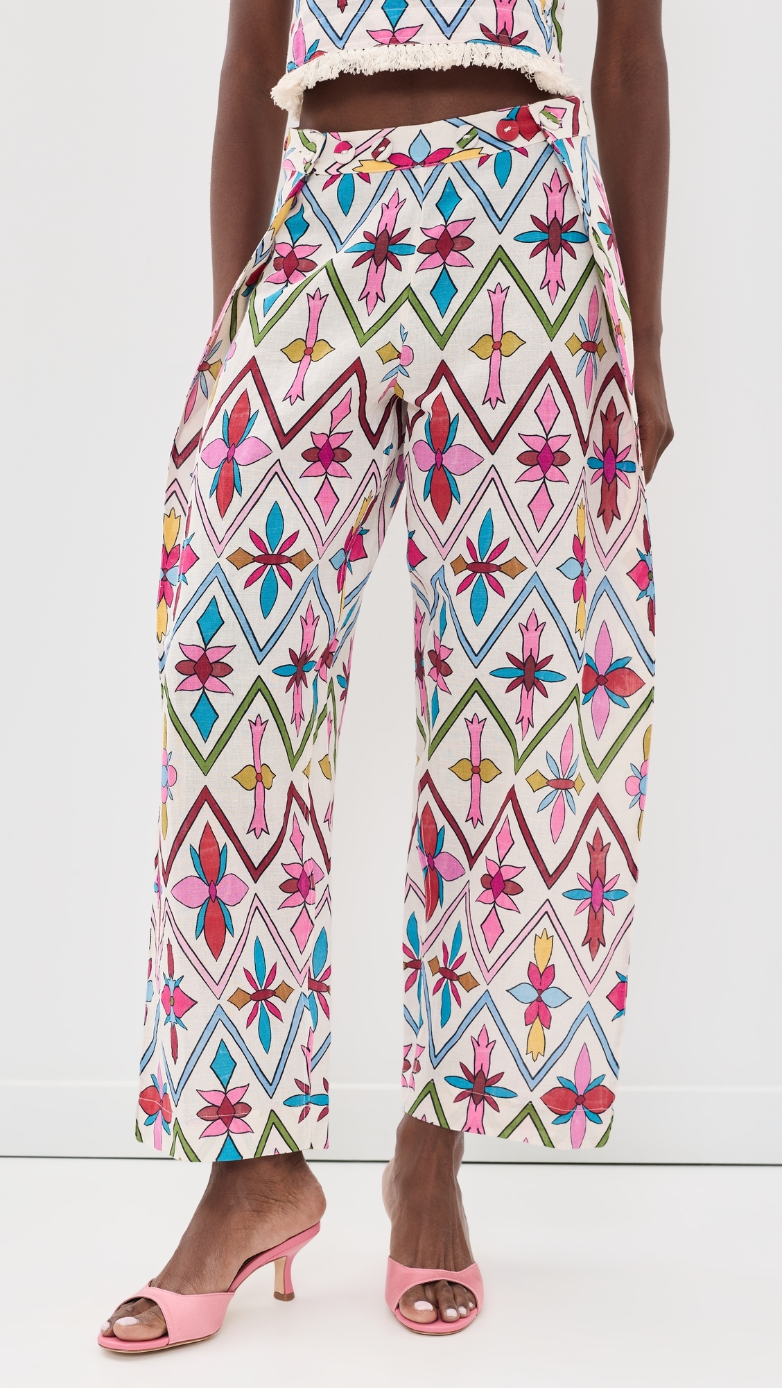 Adjustable Marina Button Pants Lattice Floral Lotus Flower One Size