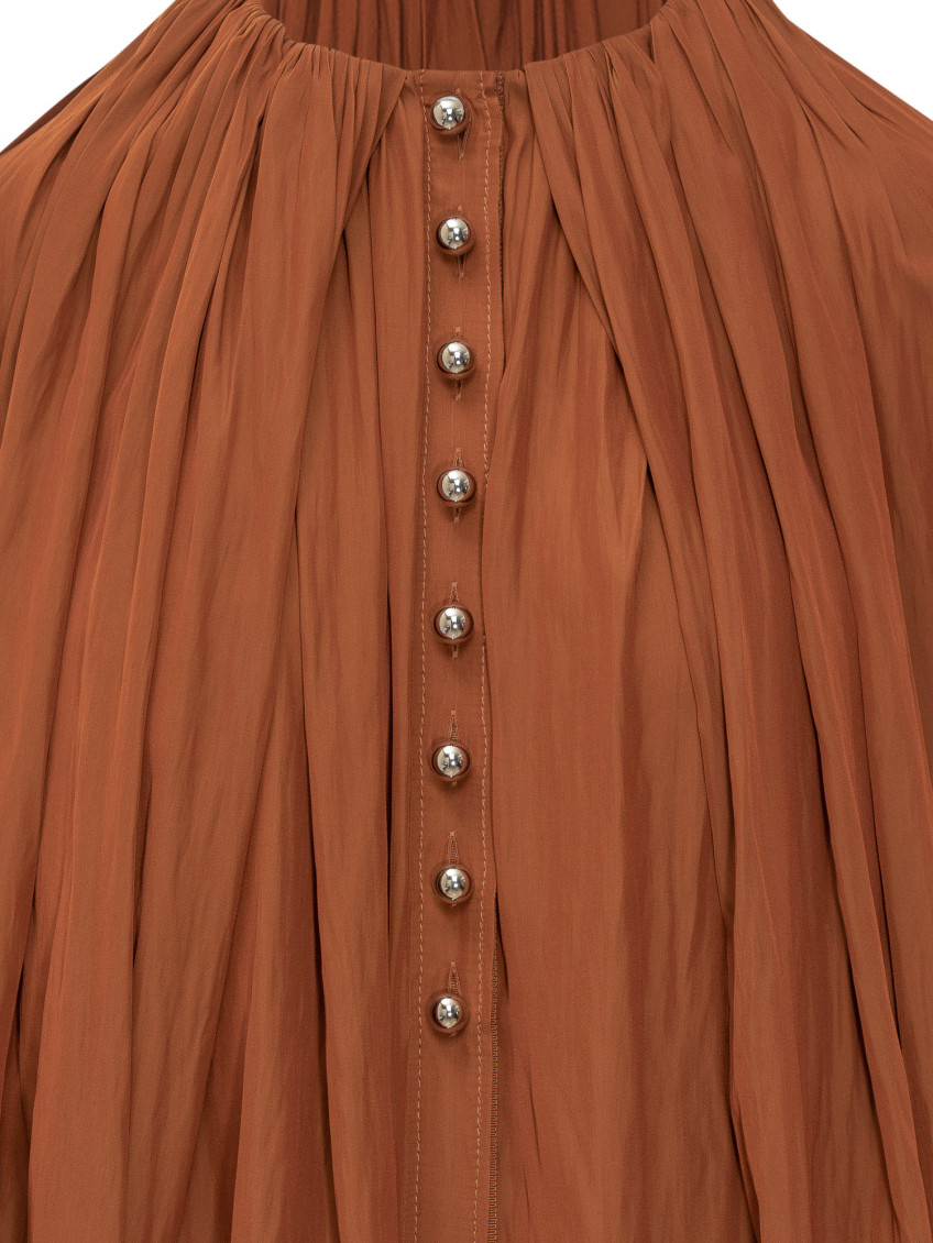 Orange Pleated Round Neck Midi Dress