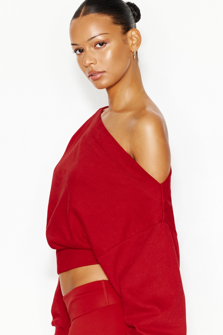 SoftTerry™ Rib Off Shoulder Sweater - Red - Women Clothing