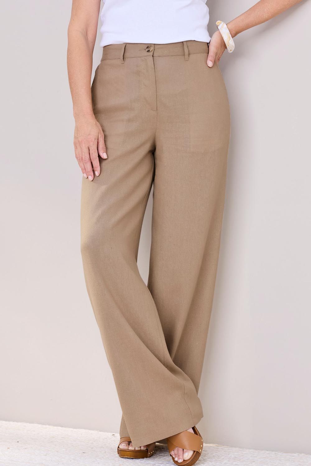 Cotton Traders Linen Blend Wide Leg Trousers 27" 68. Inside Leg In Medium Beige