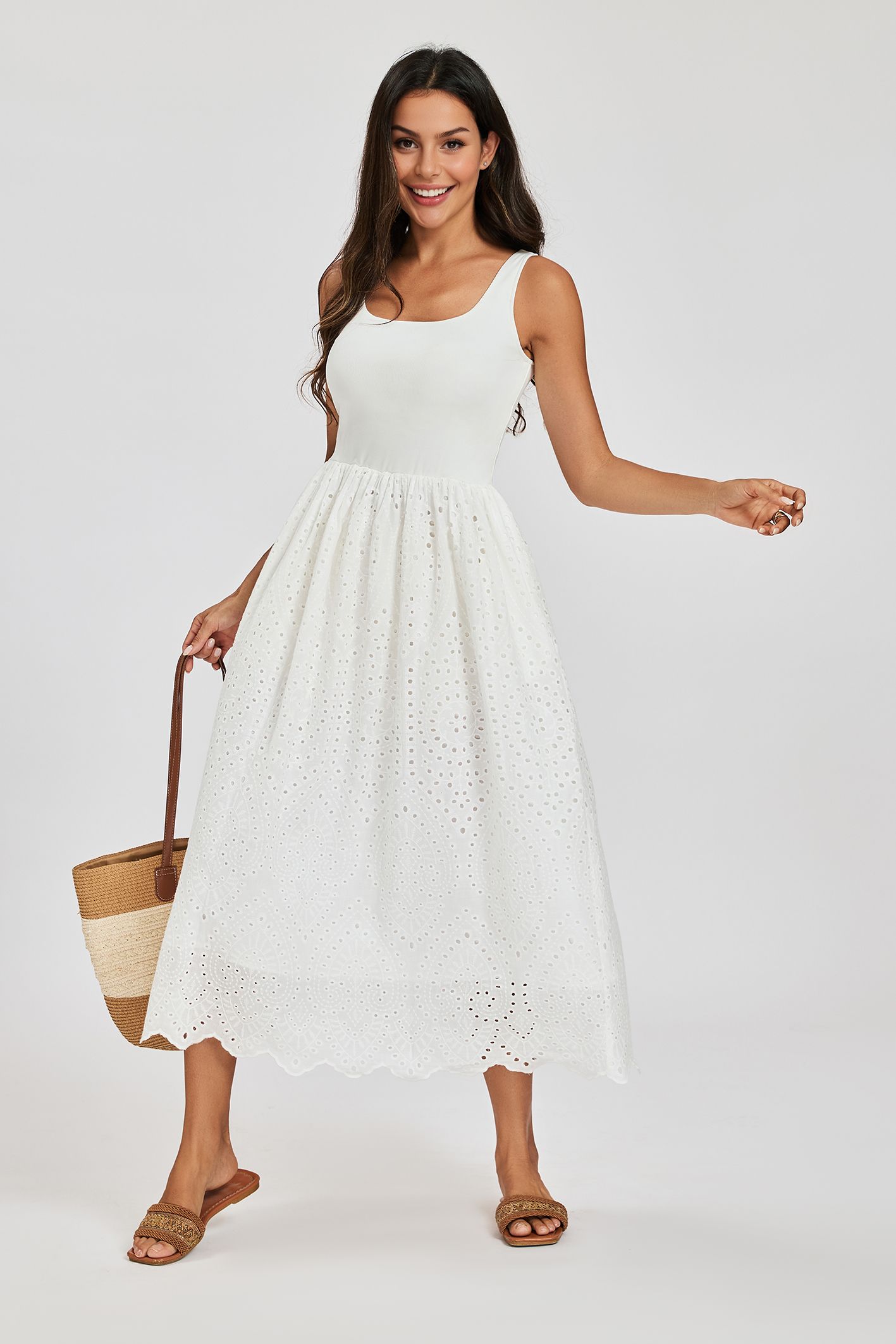 FS Collection Women's Broderie Anglaise Sleeveless Midi Dress in White