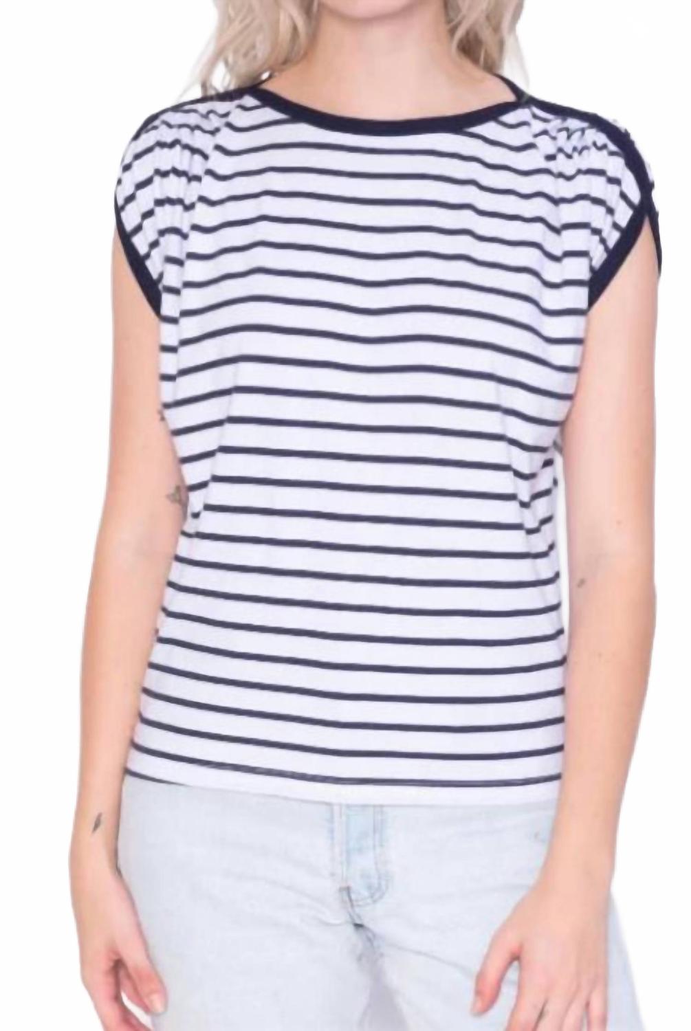 Pleated Boatneck Cap Sleeve Tee In Navy & White Stripe Cap Sleeve Tee