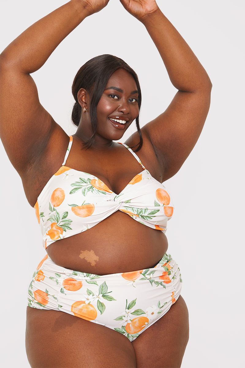 Recycled Control Orange Print Ruched Detail High Waisted Bikini Bottoms