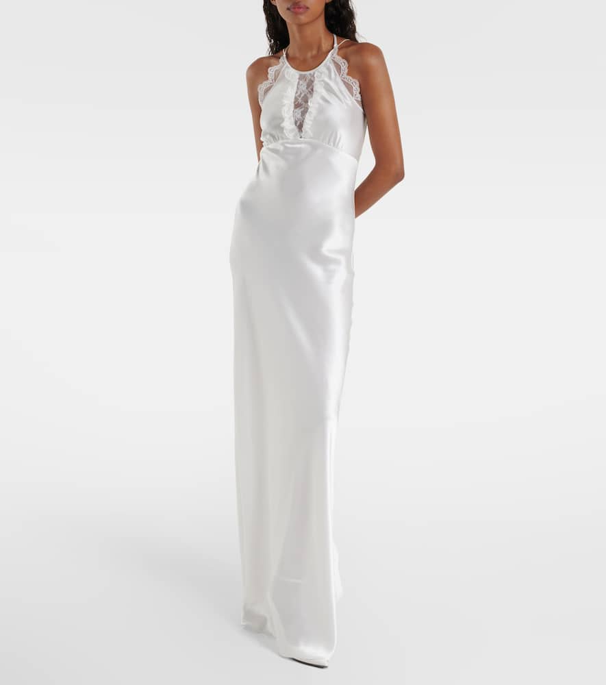 Bridal floral-appliqué lace-trimmed silk gown