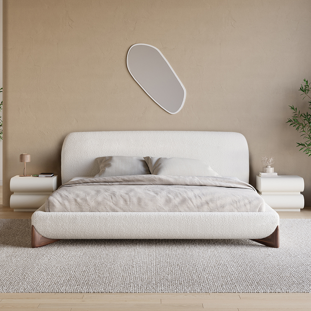 Cama moderna con plataforma boucle blanca de 180 cm x 200 cm con cabecero tapizado y 2 mesitas de noche