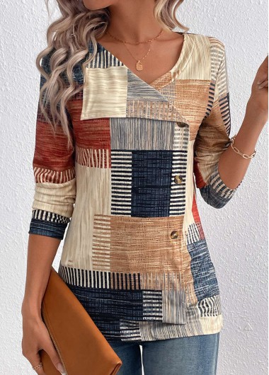 Modlily Light Camel Asymmetry Plaid Long Sleeve T Shirt