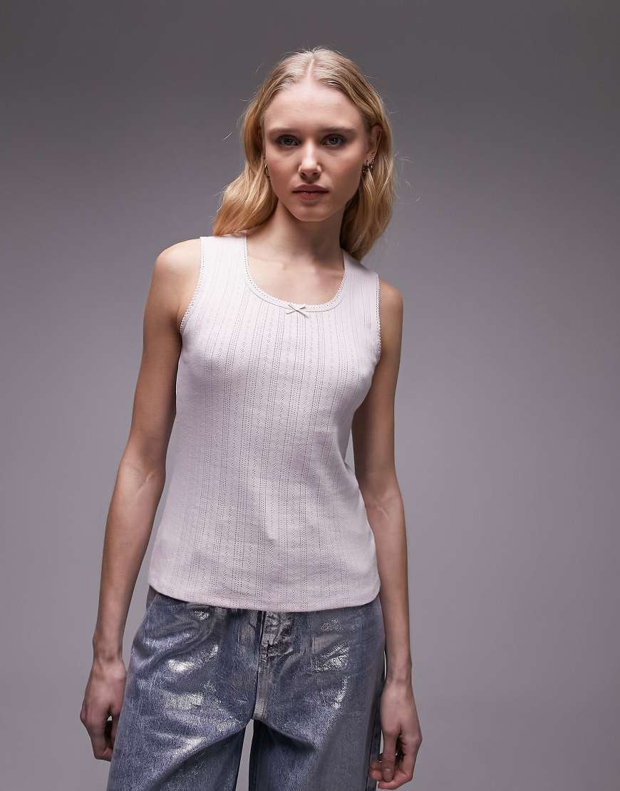 Topshop lace pointelle scoop neck tank in pink-White