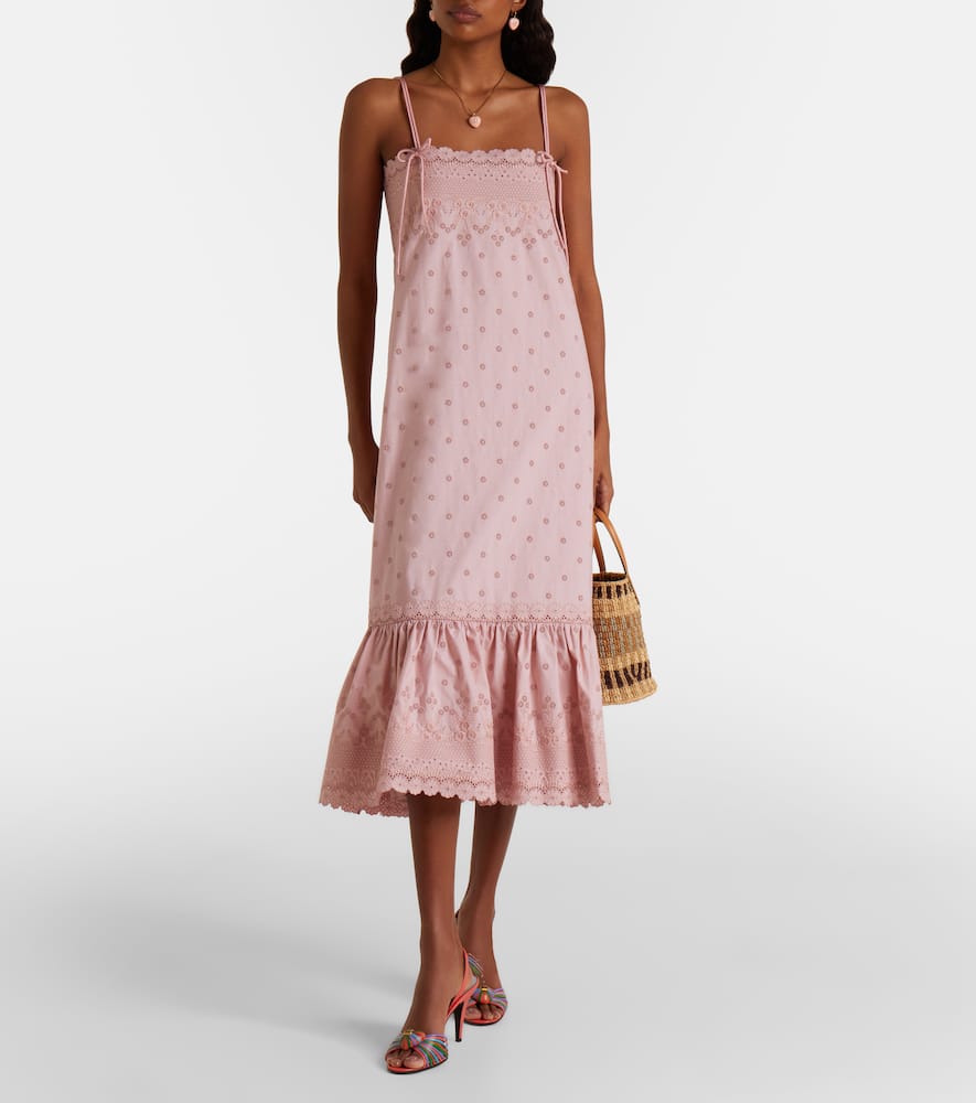 Broderie anglaise silk-trimmed cotton midi dress