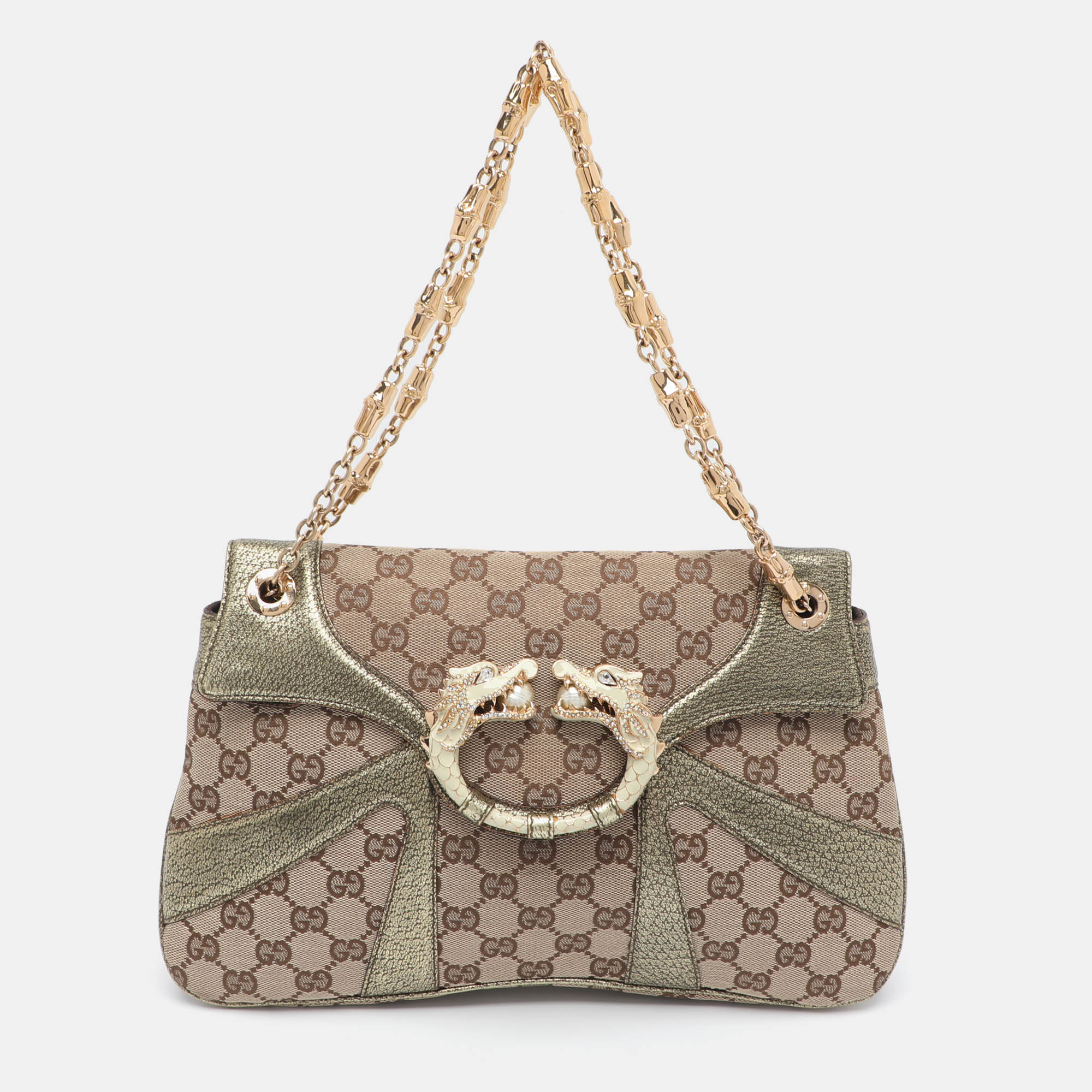 Gucci Tom Ford Dragon Limited Edition Green/Beige GG Canvas and Leather Trim Shoulder Bag