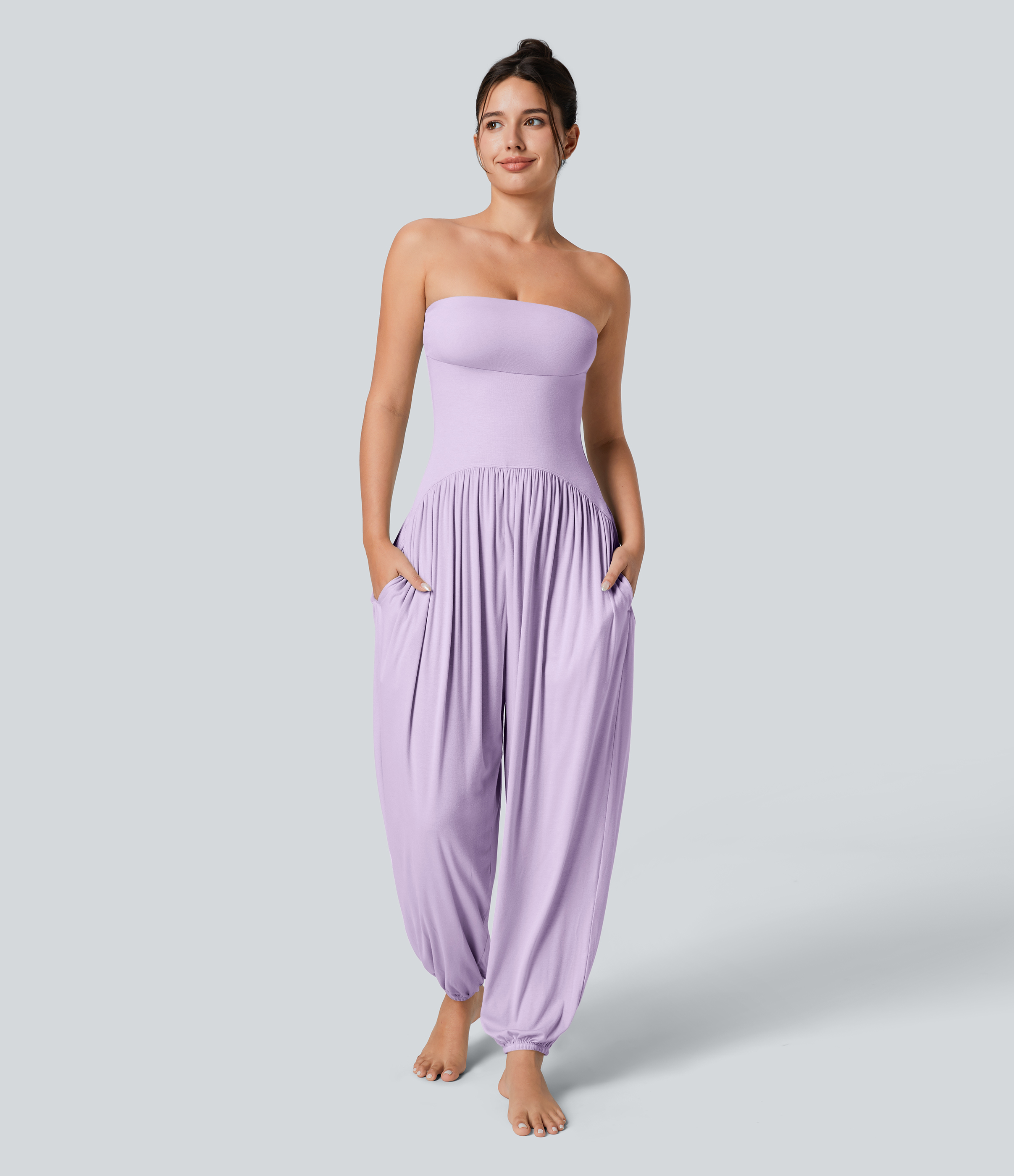 Ribbed Tube Backless Side Pocket Casual Jumpsuit  - Misty Purple