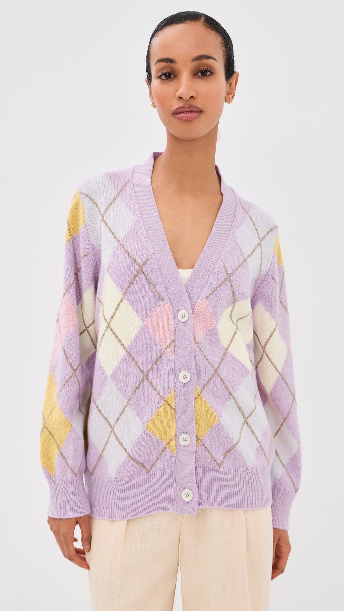 &Ava Argyle Wool Cardigan Lilac/White