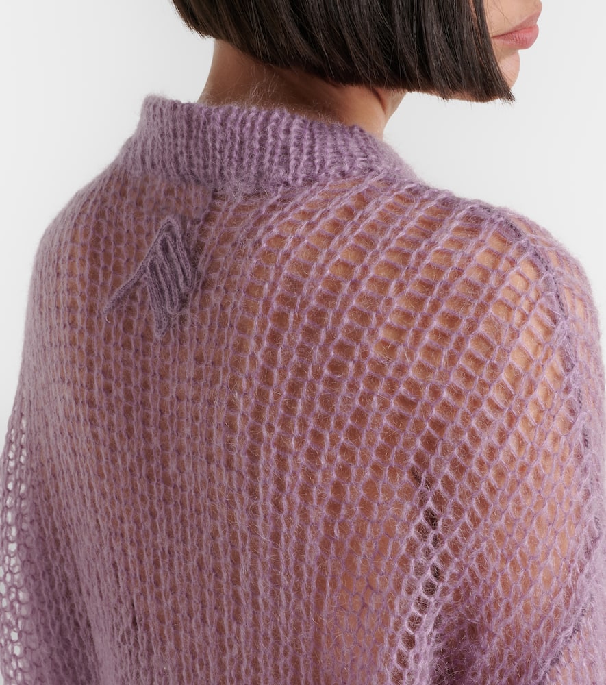 Feather-trimmed open-knit mohair-blend sweater