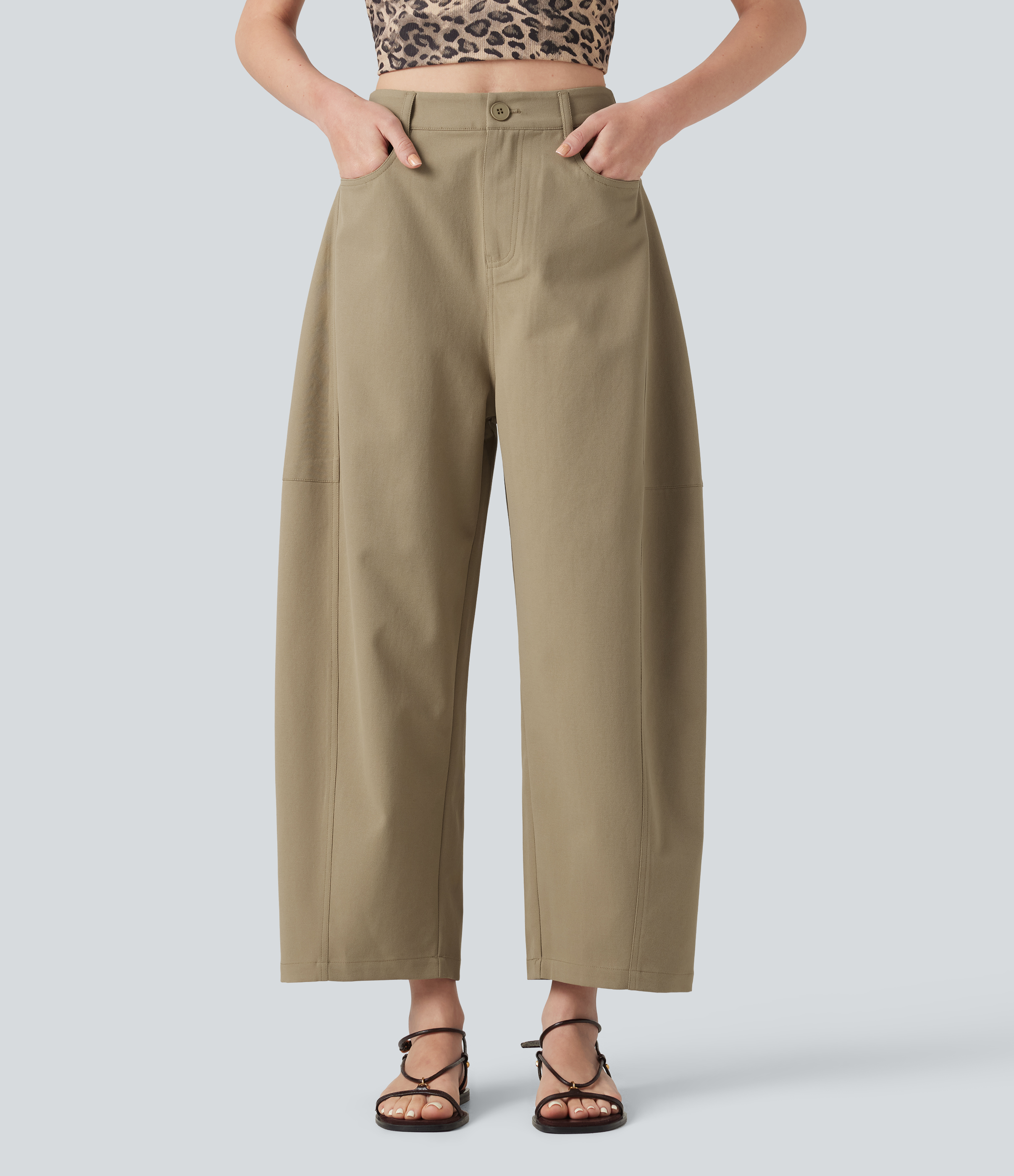 Halara High Waisted Casual Barrel Leg Trousers with Pockets - Khaki - XLregular