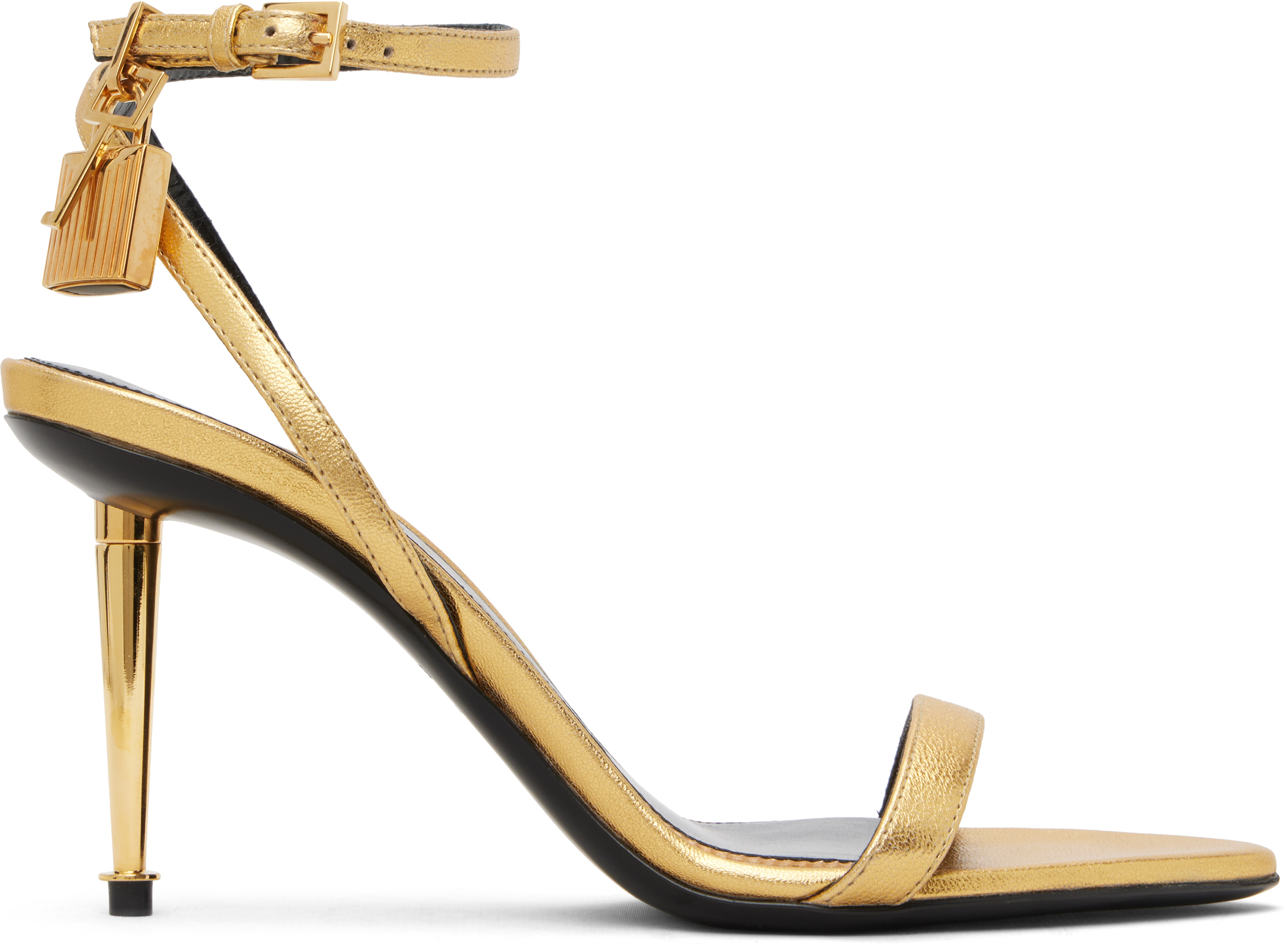 Gold Nappa Padlock Pointy Naked Heeled Sandals