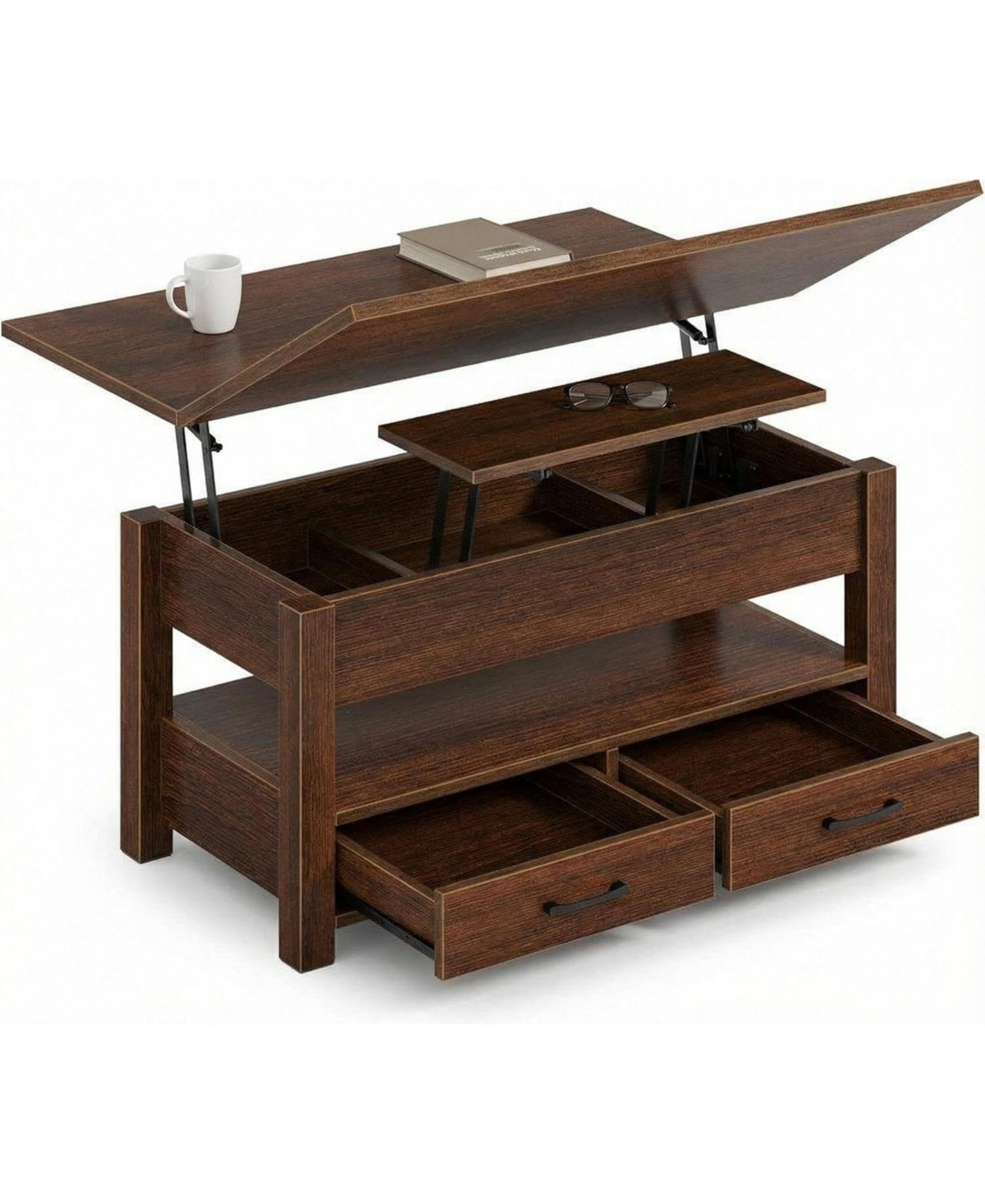 Lift Top Coffee Table with Storage, Multi-Function Convertible Coffee Table for Living Room, Adjustable Height Dining Desk - Brown