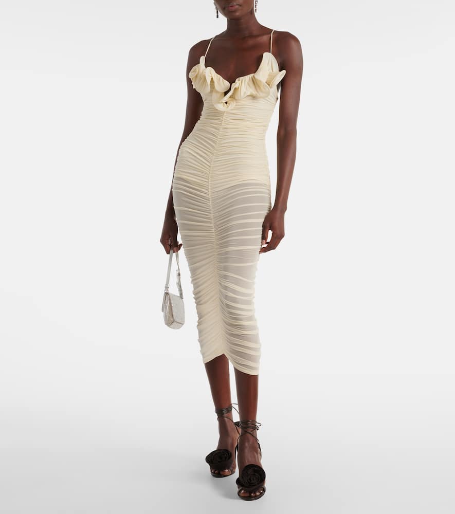Semi-sheer ruched jersey midi dress