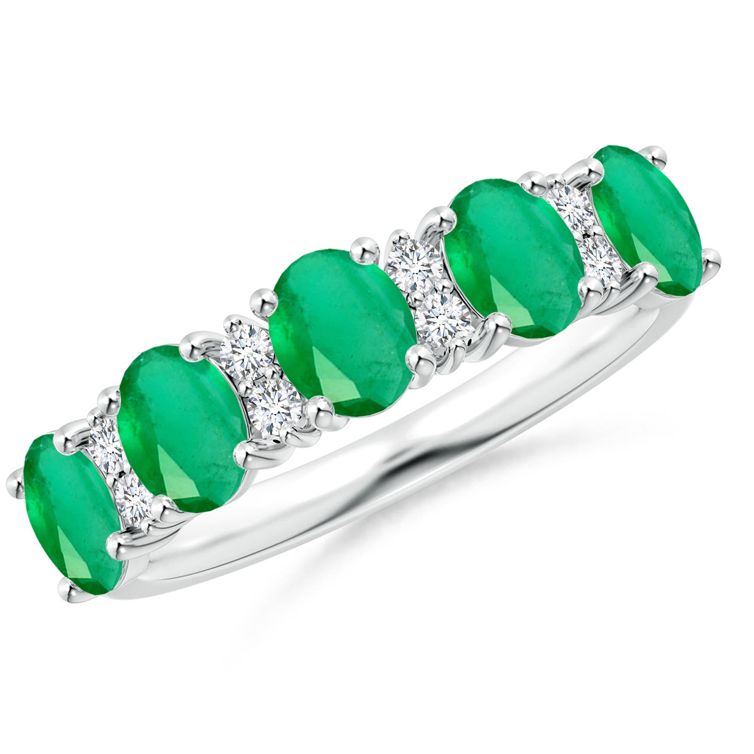 Angara 1.5 Carats Five Stone Emerald and Diamond Wedding Ring in 14K White Gold