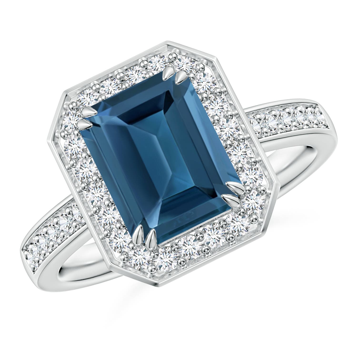 Angara 2.75 Carats Emerald-Cut London Blue Topaz Engagement Ring with Halo in Platinum