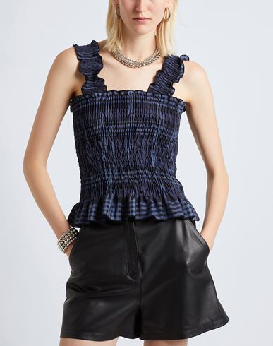 Cotton Check Ruffled Smock Top Woman Top Midnight blue Size 10 Polyester, Virgin Wool, Elastane