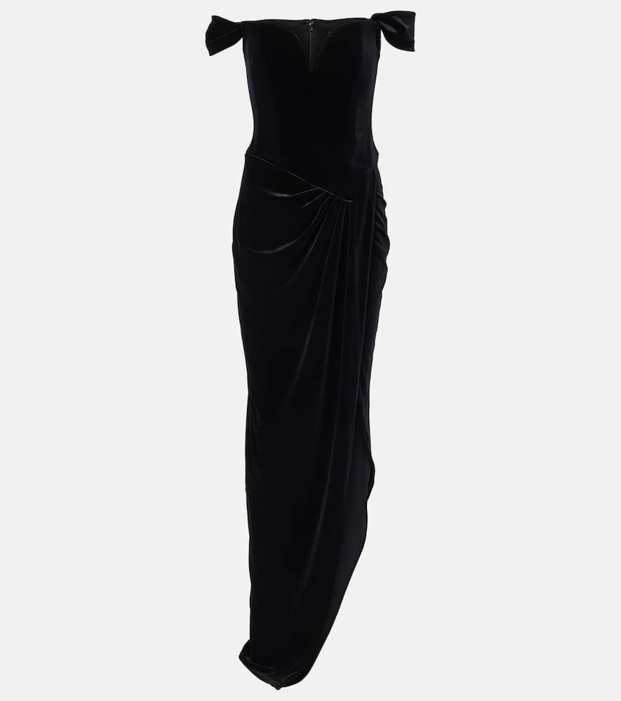 Asymmetric velvet bustier gown