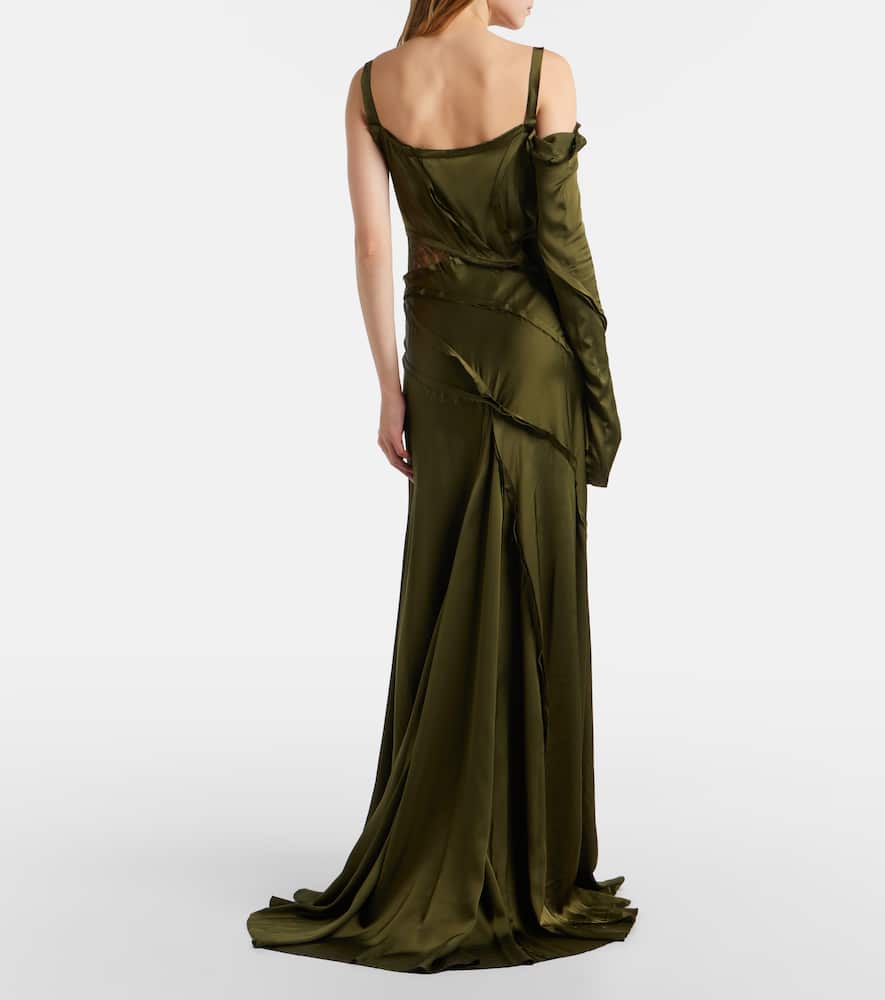 Asymmetric lace-trimmed satin gown