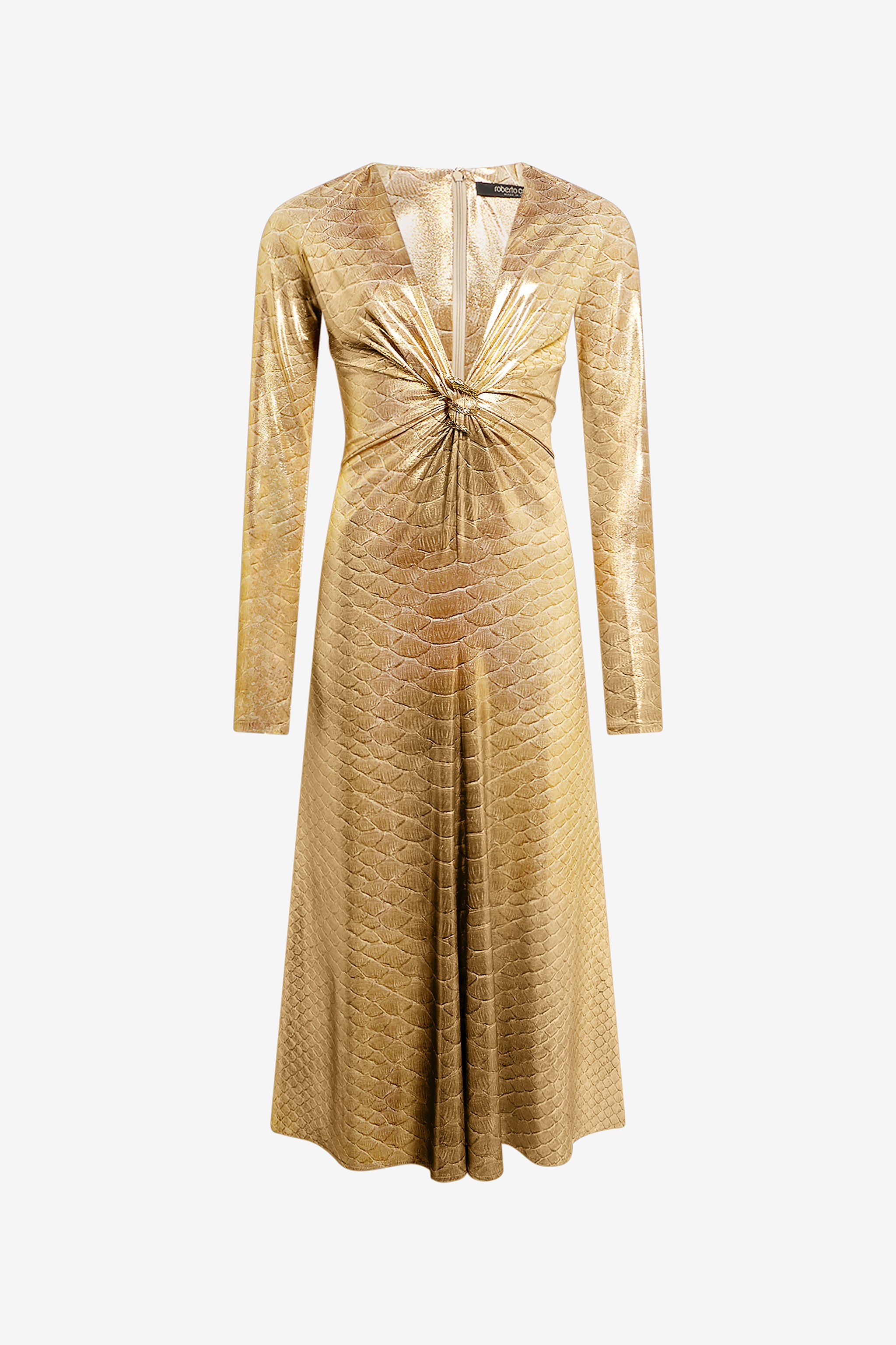 Beige Gold Midi Dress With Scale Print