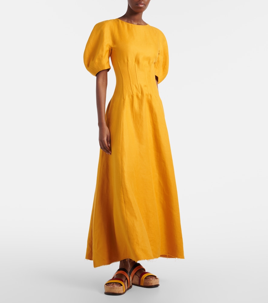 Ranya puff-sleeve linen twill maxi dress