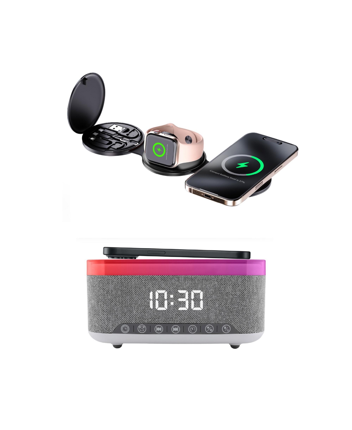 Ultimate 5-in-1 Tech Bundle: Folding Wireless Charger & Multi-Function Bedside Alarm Clock - Black