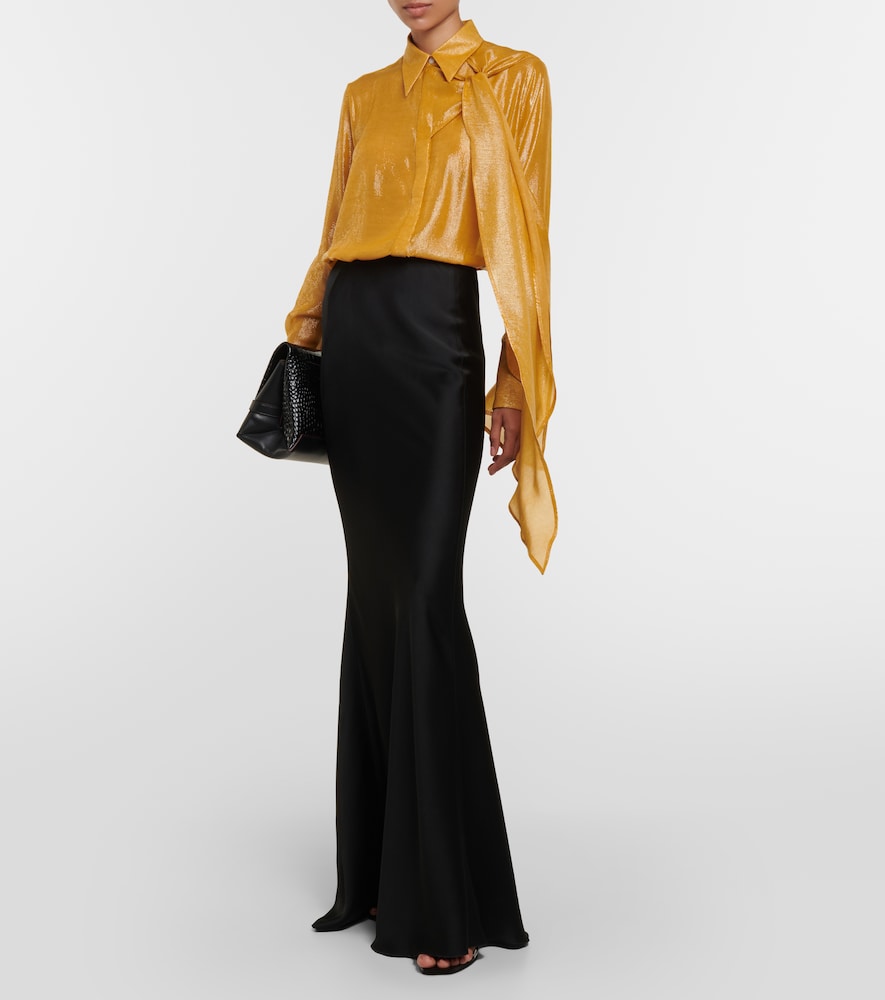 Draped tie-neck lamé blouse