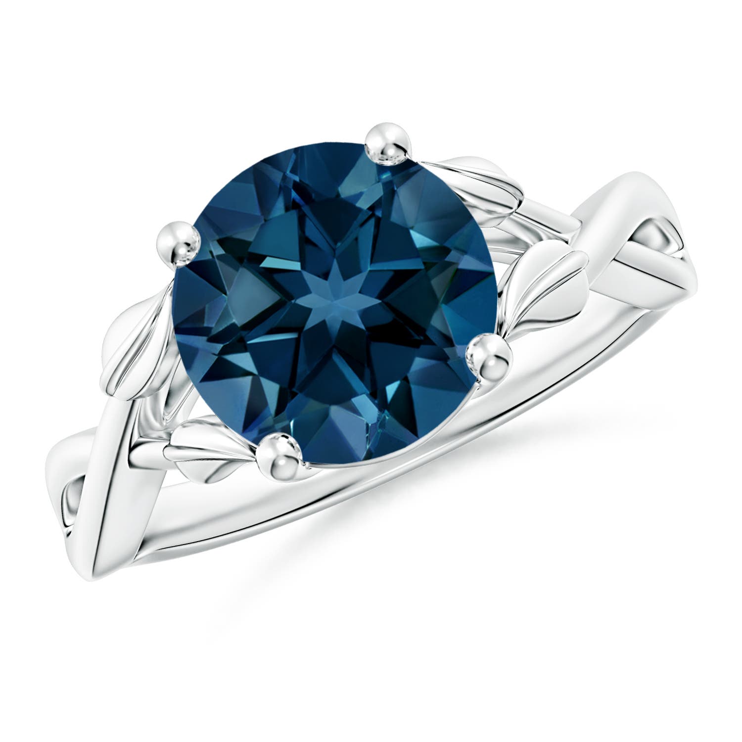Angara 3.3 Carats Nature Inspired London Blue Topaz Crossover Ring with Leaf Motifs in Platinum
